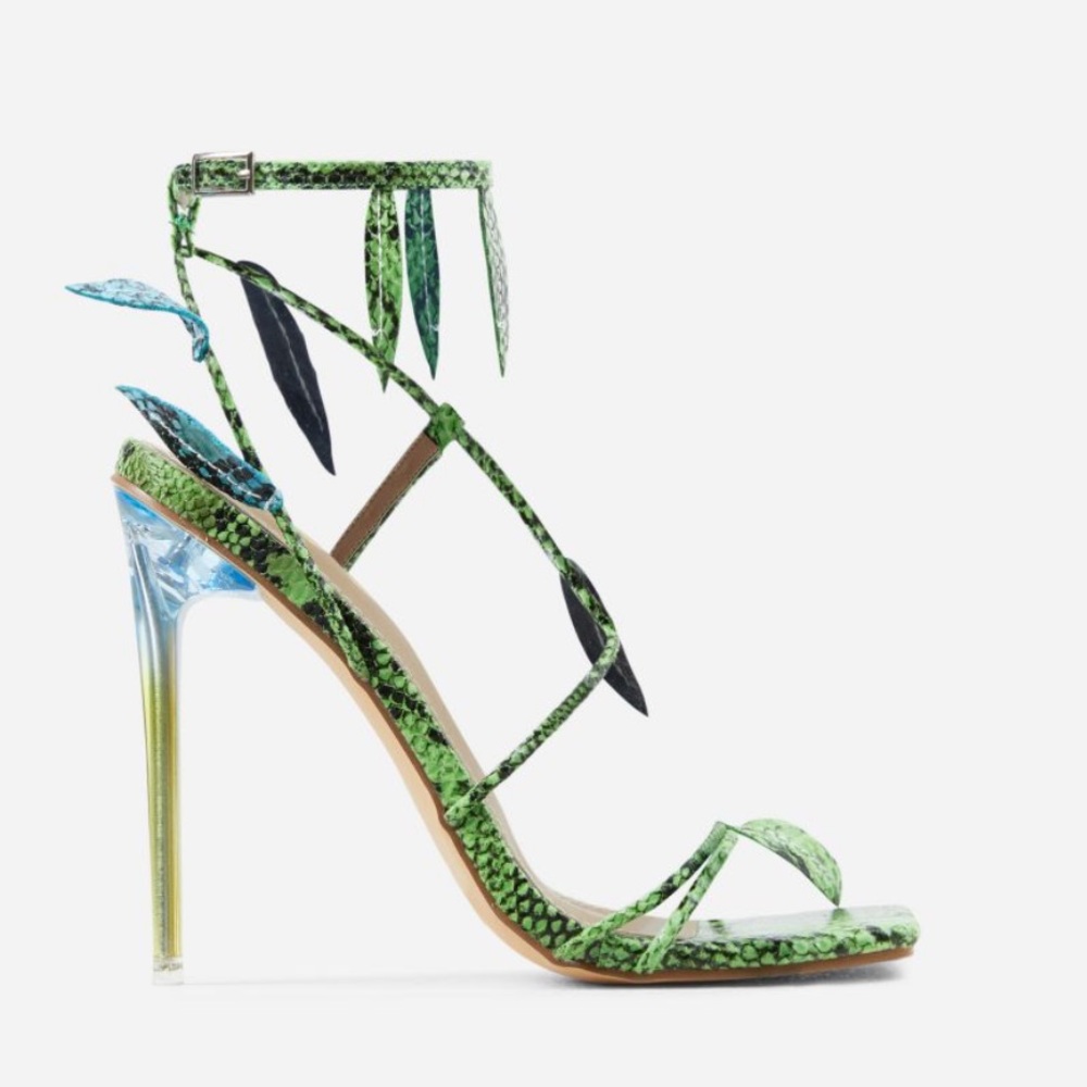WHISPER LEAF DETAIL SQUARE TOE PERSPEX HEEL IN GREEN SNAKE PRINT FAUX LEATHER